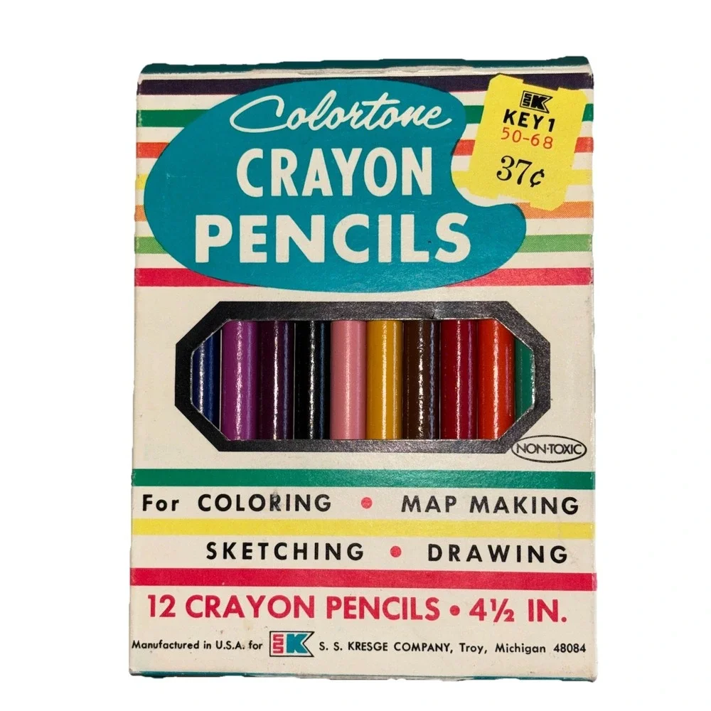 VINTAGE COLORTONE CRAYON PENCILS SET OF 12  NON TOXIC  4.5